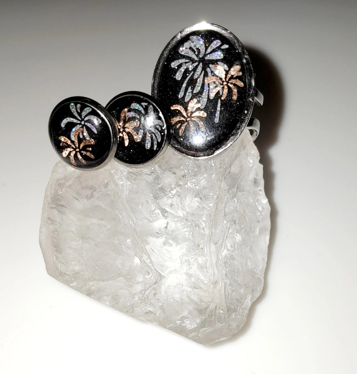 Parure de bijoux feux d'artifices  (bague + puces d'oreilles)
