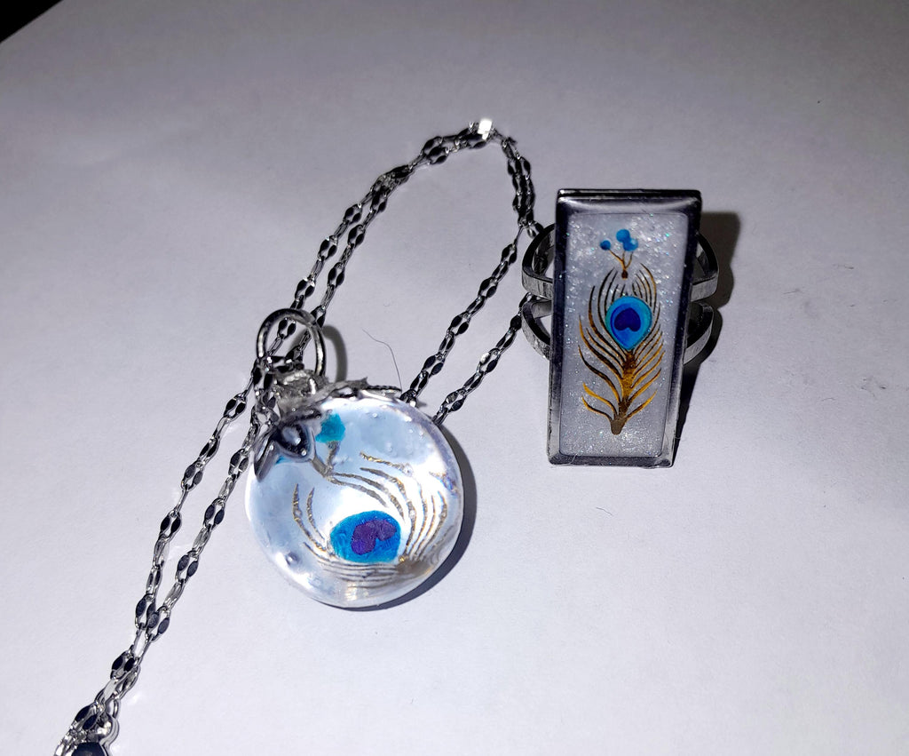 Parure Paon (pendentif + bague)