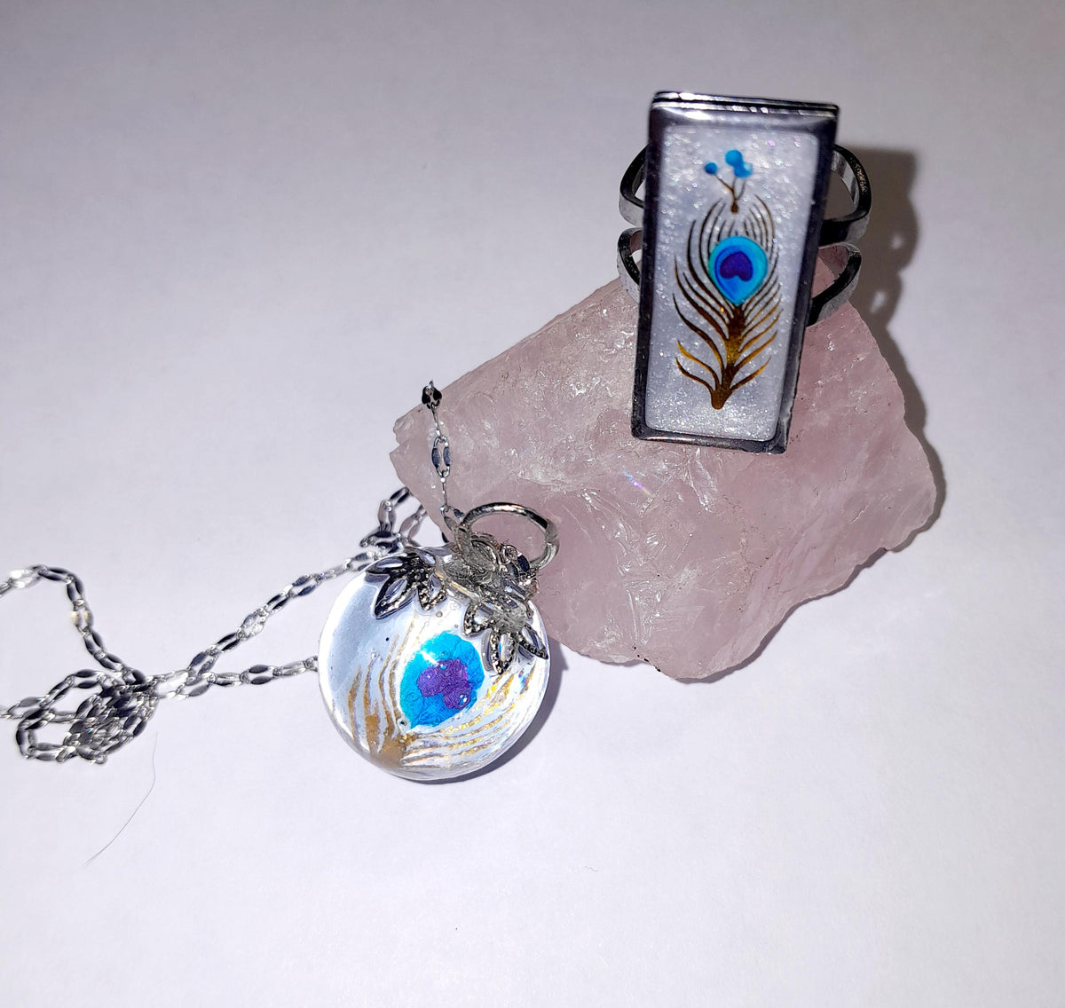 Parure Paon (pendentif + bague)
